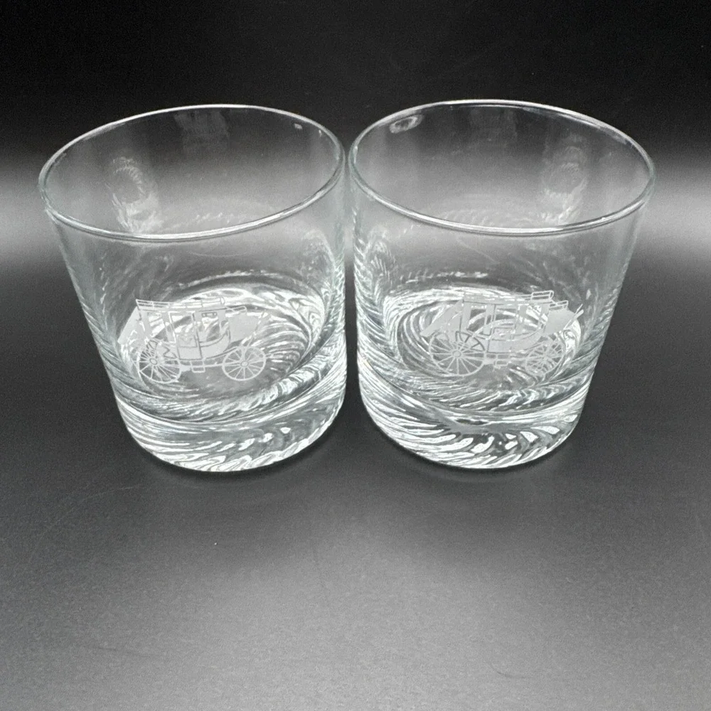 Vintage Cocktail Glasses Western Stagecoach Barware Whisky Lowball‎ Set 2 3.5